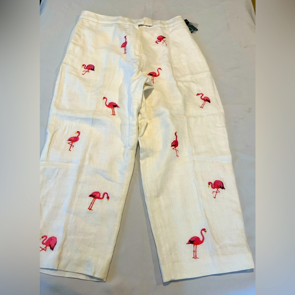 Deanne and white  100 cotton pants with flamingo 🦩 embroidered